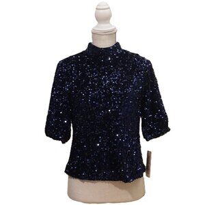Nanette Navy Sequin Mock Neck Elbow Sleeve Blouse Women’s Medium